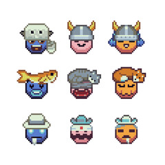 Obraz premium Abstract funny face happy pixel art icon set, cheerful cartoon character. 8-bit flat style. Isolated abstract vector illustration.