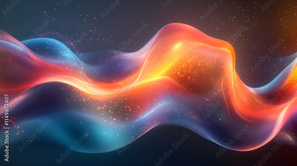 Poster abstract flowing waves of vibrant colors with sparkles, creating a dynamic visual effect.