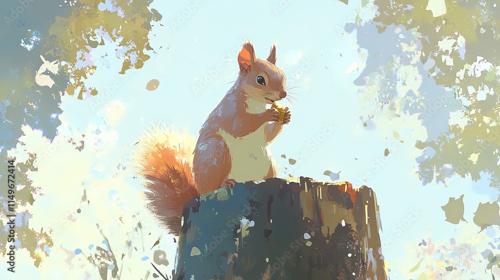 Poster cute squirrel sitting on a tree stump while holding a nut with a soft pastel background in a serene 
