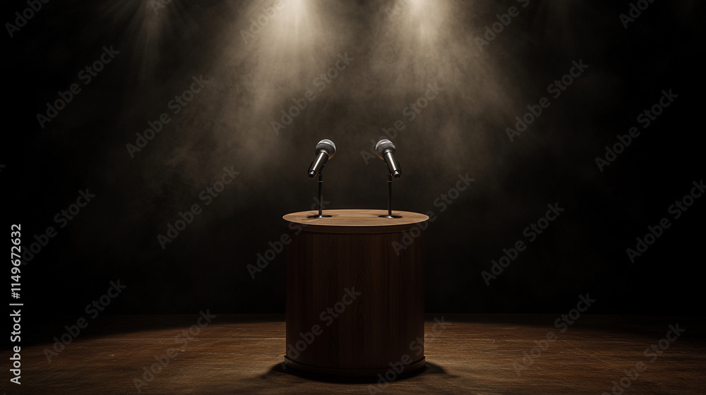 Poster empty stage with microphones waiting for a speaker in a dark setting.