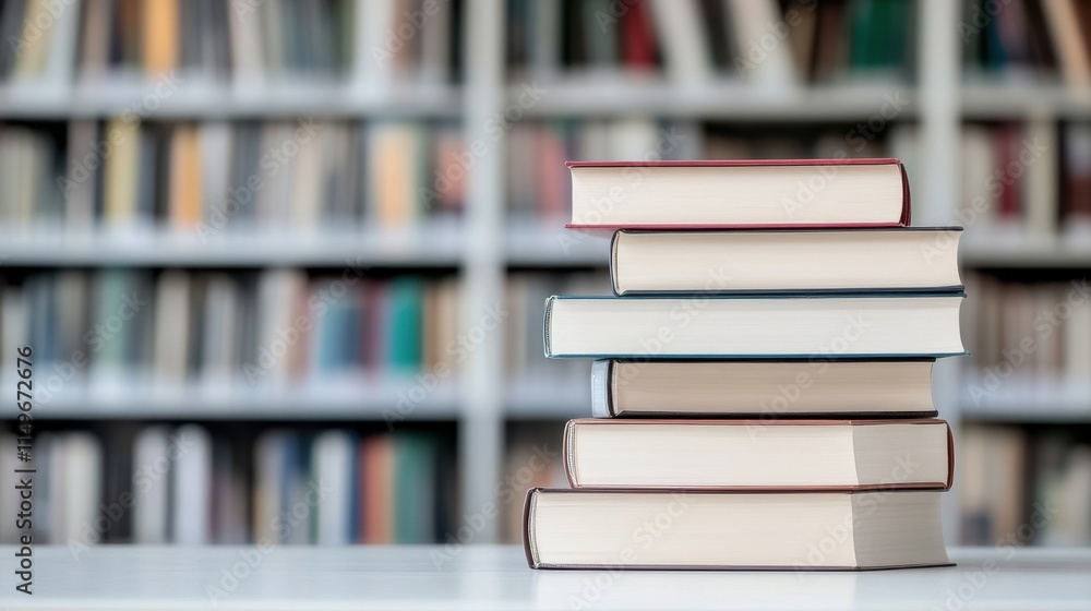 Poster Stack of Closed Books on a Table with Blurred Library Background