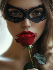 Lace Mystery: Woman with Black Mask and Red Rose