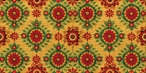 Vibrant floral pattern featuring red and green hues on a golden background.