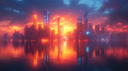 Neon city skyline reflected in fiery water.