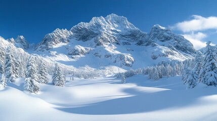Fototapeta premium Snow-covered mountains, winter wonderland, serene landscape.