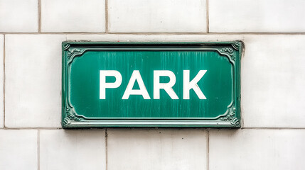 Green park sign providing direction on white tiled wall