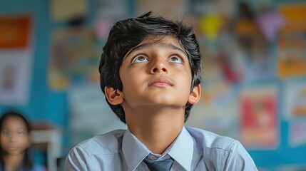 Curious student gazing upward in classroom setting educational environment inspirational perspective on learning