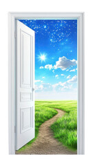PNG White opened door grass outdoors nature.