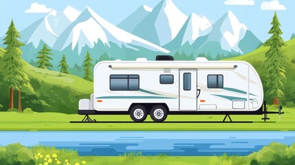 Fototapeta premium A vibrant illustration of a white travel trailer parked beside a serene river, surrounded by lush green mountains.