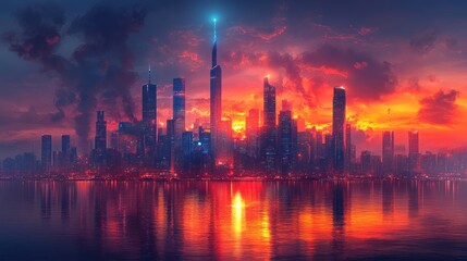 Fototapeta premium Fiery sunset cityscape reflected in water.