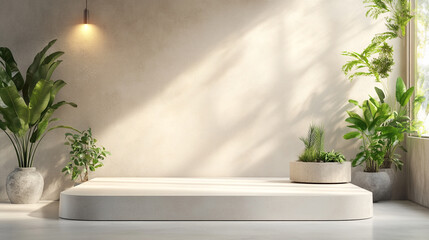Modern interior with plants and natural light in a minimalist space. 