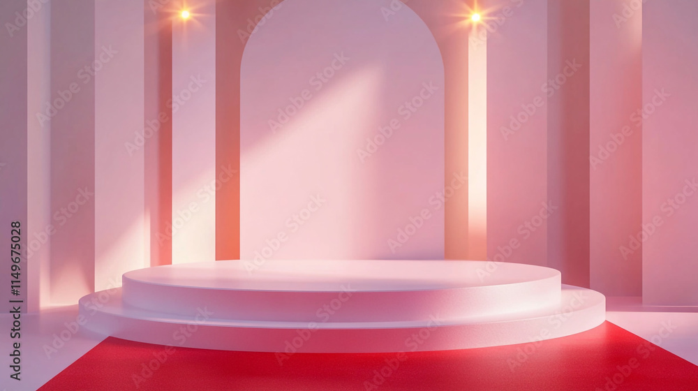 Aufkleber empty stage with red carpet and soft lighting creating a serene atmosphere.