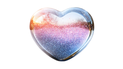 A glittery heart-shaped snow globe, isolated on white 