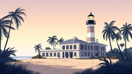 A serene sunset scene featuring a classic lighthouse surrounded by palm trees on a tranquil beach.
