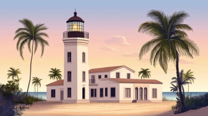 Obraz premium A serene seaside lighthouse at sunset, surrounded by palm trees and reflecting warm pastel colors in the sky.