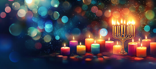 Celebrating Hanukkah: A Menorah and Colorful Candles Glow in Festive Light