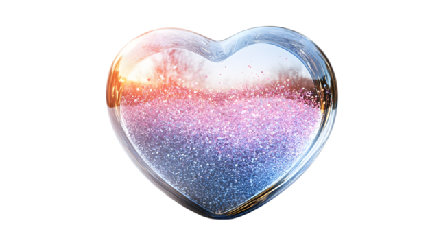 A glittery heart-shaped snow globe, isolated on white 