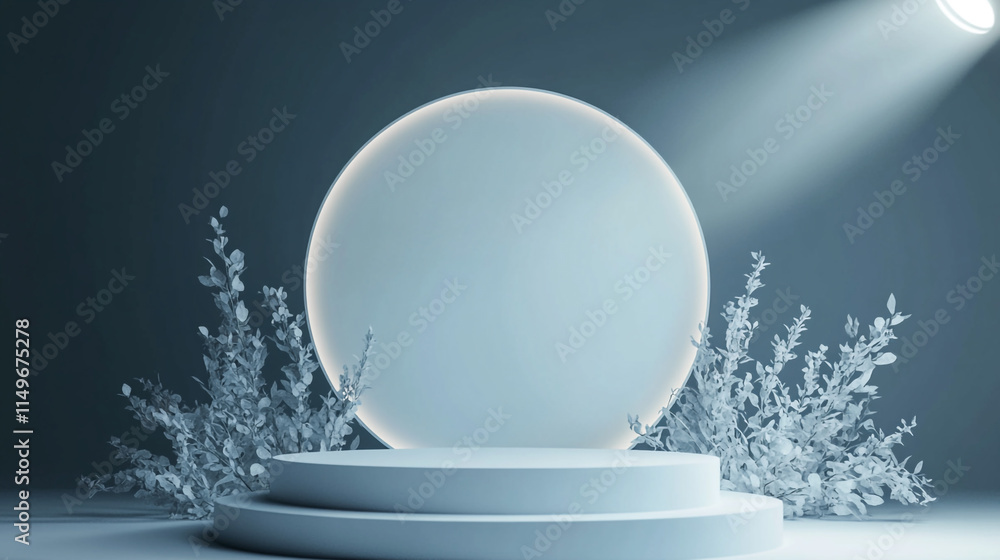 Poster elegant display podium with soft lighting and greenery for a minimalistic aesthetic.