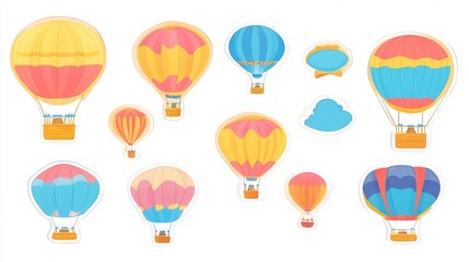 A colorful assortment of hot air balloons in various designs, showcasing vibrant hues and playful patterns.