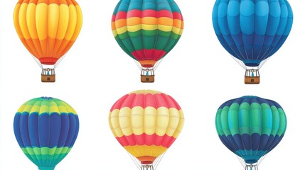 Obraz premium Colorful hot air balloons in various patterns and colors soaring against a white background.