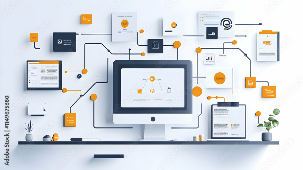 Poster a digital workspace showcasing interconnected elements and data visualization.