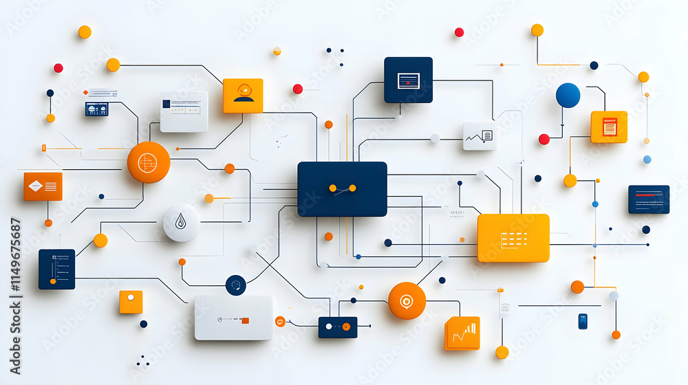 Poster abstract illustration of interconnected digital icons representing technology and data flow.