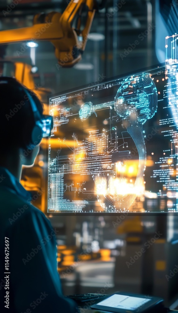 Poster ai model visualization with data points in an innovative industrial setting of collaboration