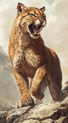 Fototapeta premium Majestic Cougar Roaring On Mountain Rocks