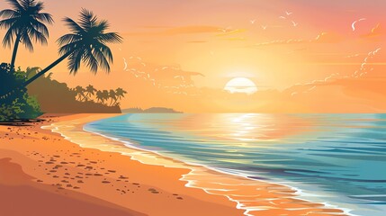 A cartoon tropical sunset scene with palm trees and a beach.