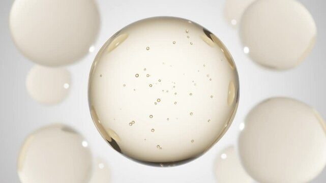 Cosmetics golden serum liquid bubbles abstract background. Cosmetic moisturizer essence gel. Collagen fluid bubble molecule. Moisturizing cream or oil for personal health care and beauty skin concept