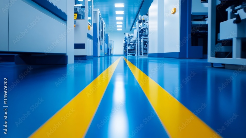 Aufkleber bright and clean factory floor with high tech machinery and space for product display and ads