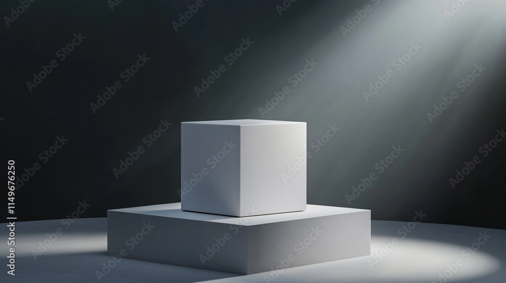 Poster minimalist white cube illuminated on pedestal in dark space for display.