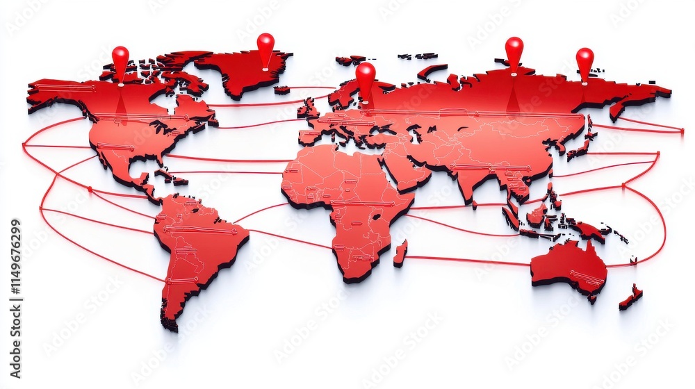 Poster a vibrant red map of the world highlighting key connections and locations with dynamic lines and mar
