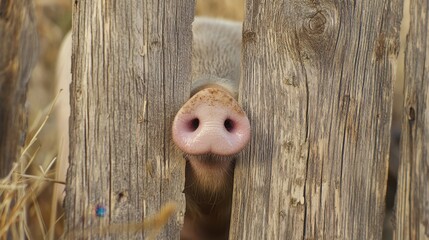 The Pig Peeking Through Fence