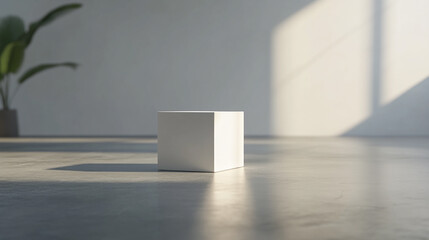 Minimalist white cube on a concrete floor bathed in natural light. 