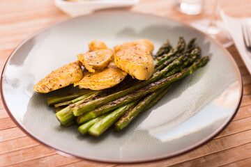Fried chicken breast pieces with asparagus on plate