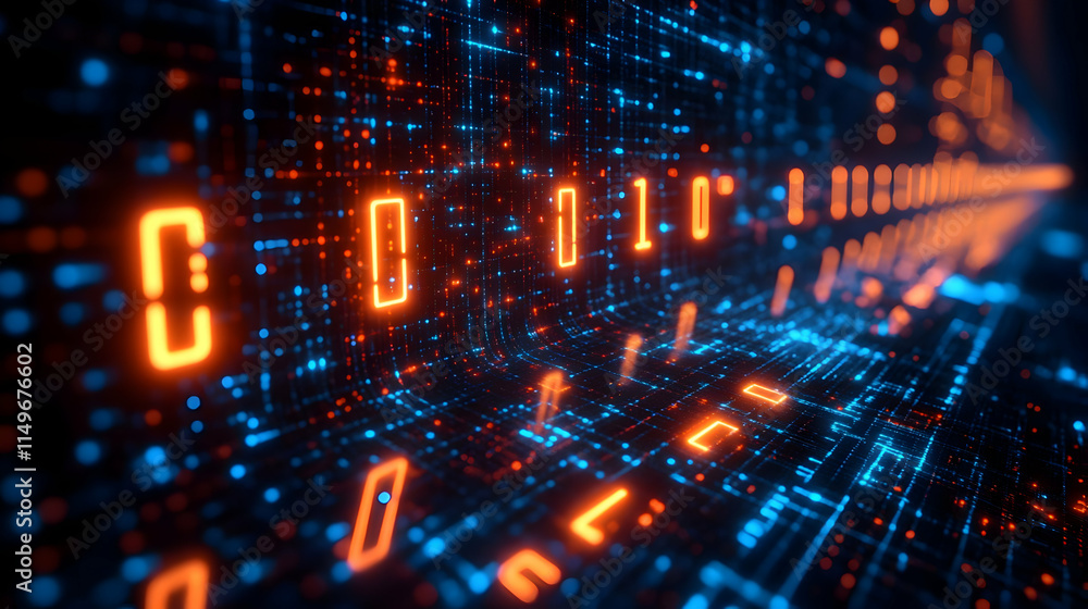 Poster a digital landscape of binary code, representing data flow and technology.
