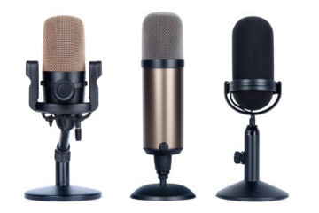 Three different microphones on stands against a black background, on transparent background