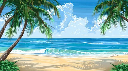 A cartoon beach scene with palm trees and blue water.