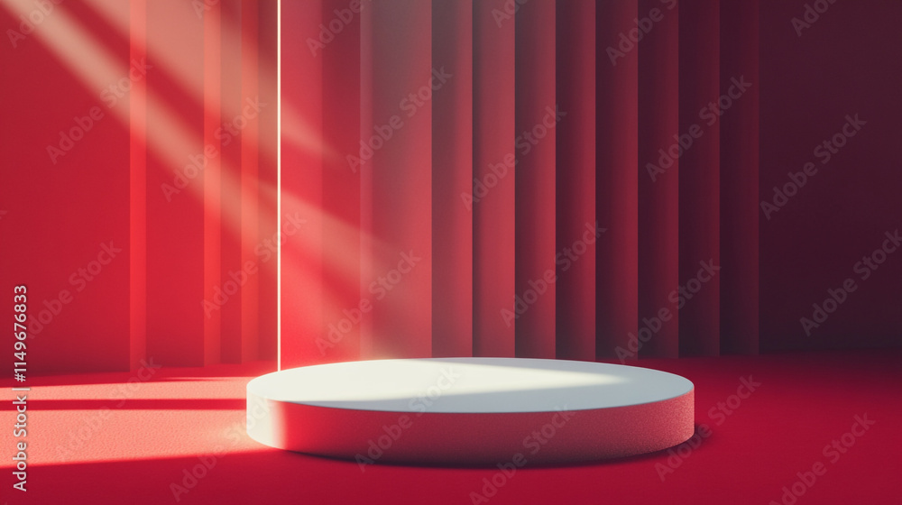 Poster minimalist display stage with warm light and deep red backdrop in a modern setting.