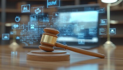 Wooden gavel and computer symbolizing ai driven legal services in a modern office environment