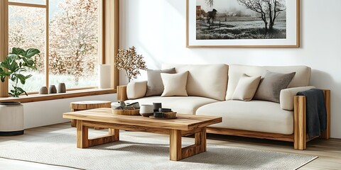 Modern living room with beige sofa, wooden coffee table, and large window.