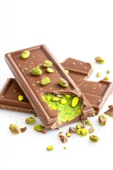 Delicious chocolate bar with pistachio filling and scattered pistachios on a light background.