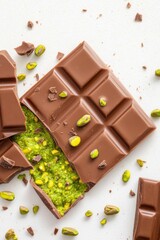 Delicious chocolate bar with a vibrant pistachio filling, garnished with chopped pistachios.
