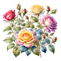 A collection of colorful roses and tiny flowers on a white background - Generative AI