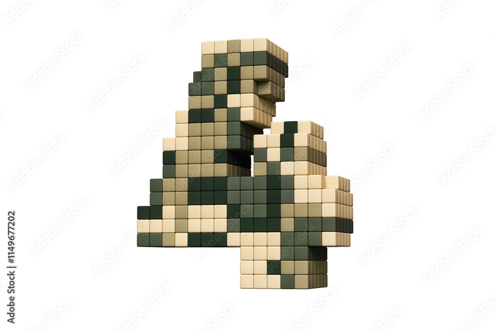 Poster digital font 3d pixel art digit number 4 in military camo shades. high definition 3d rendering.