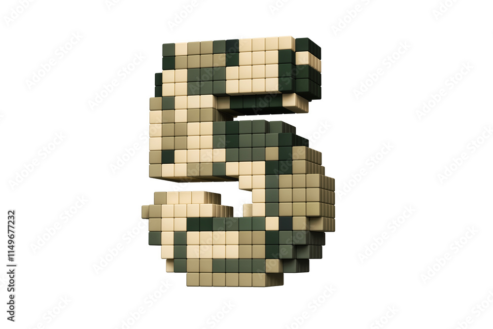 Poster pixel lettering of the 3d digit number 5 in the color scheme of military camouflage tones. high qual