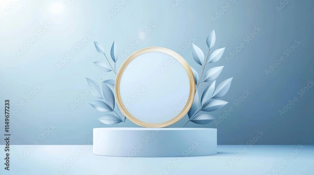 Poster elegant decorative display with a circular mirror and soft green leaves.