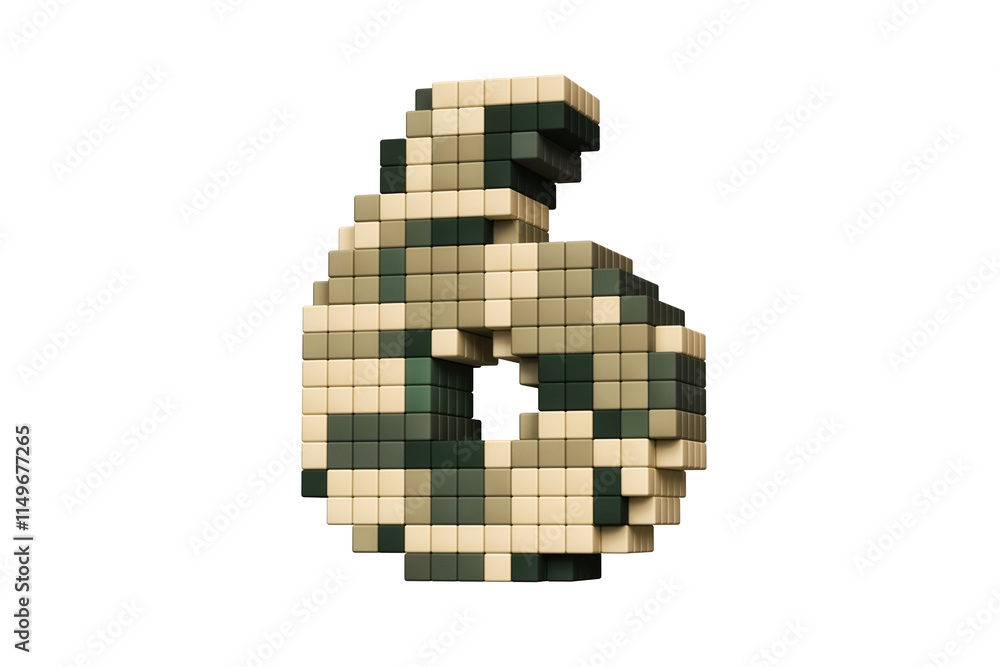 Poster digit number 6 in army green and brown shades in a pixel art style digital font. high definition 3d 