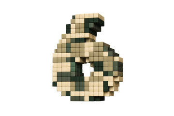 Digit number 6 in army green and brown shades in a pixel art style digital font. High definition 3D rendering.